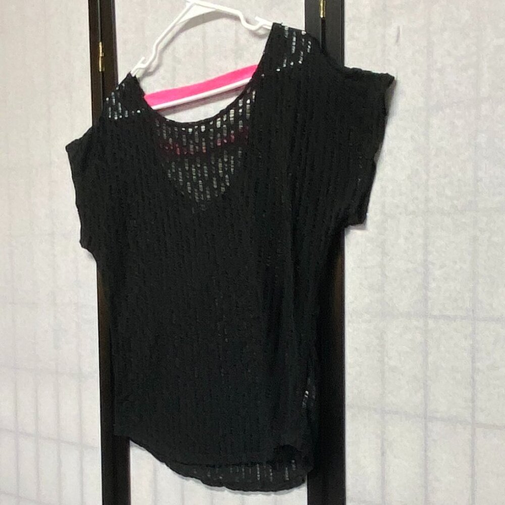 Maurices Crop Deep V Ladder Back Openwork Top Coverup L Black Pink Dolman Sleeve - Picture 4 of 12
